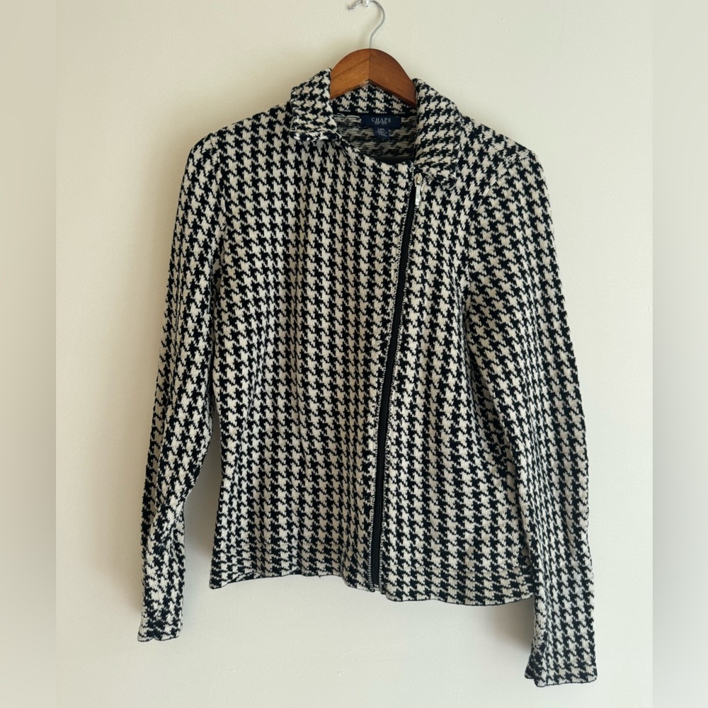 Chaps Asymmetrical Zip Knit Sweater Jacket Houndstooth Pattern Size Large